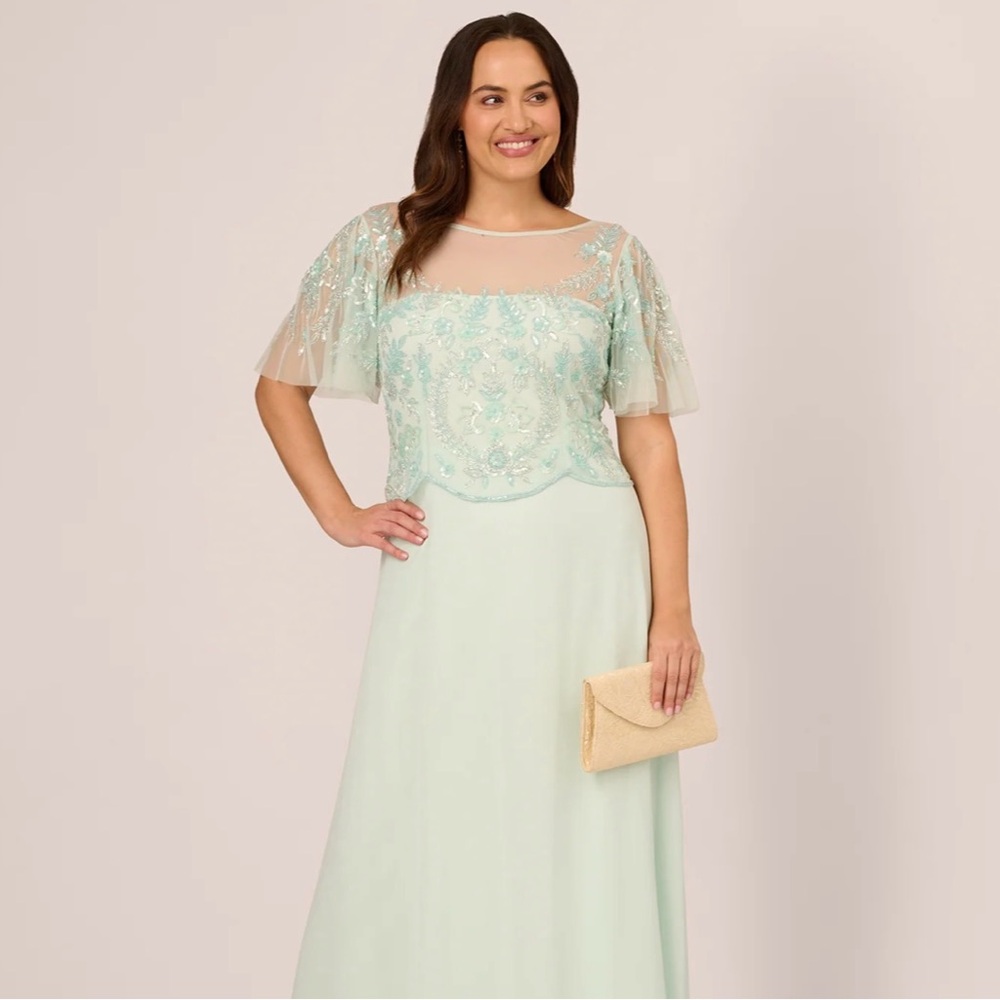 🆕 ADRIANNA PAPELL 18W beaded chiffon Illusion Long Gown Mint Dress